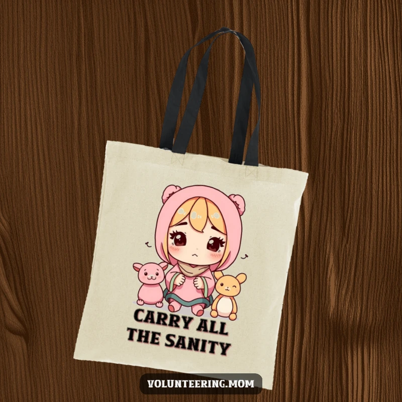 Funny tote bag with a determined mom character efficiently organizing toys, ideal for carrying daily necessities.
