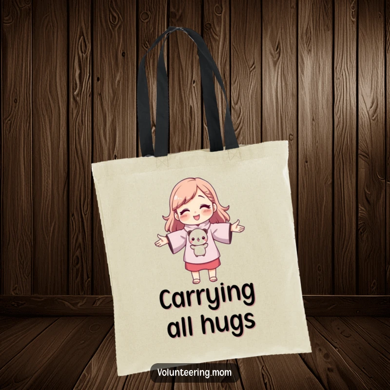 Funny mom character with arms outstretched hugging a small animal, cute tote bag, loving theme, humorous accessory, gift.