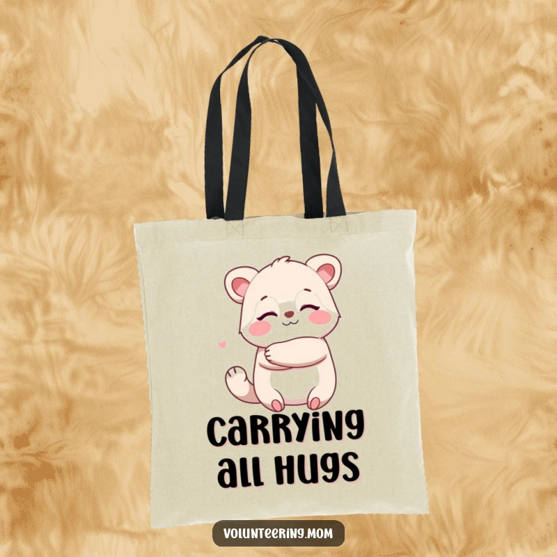 Funny Kawaii animal mom tote bag depicting a character giving a big, warm hug.
