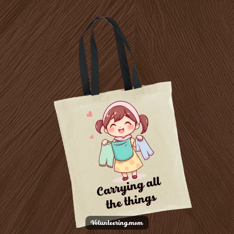Funny tote bag depicting a happy mom character carrying laundry, ready for any household task with a smile.