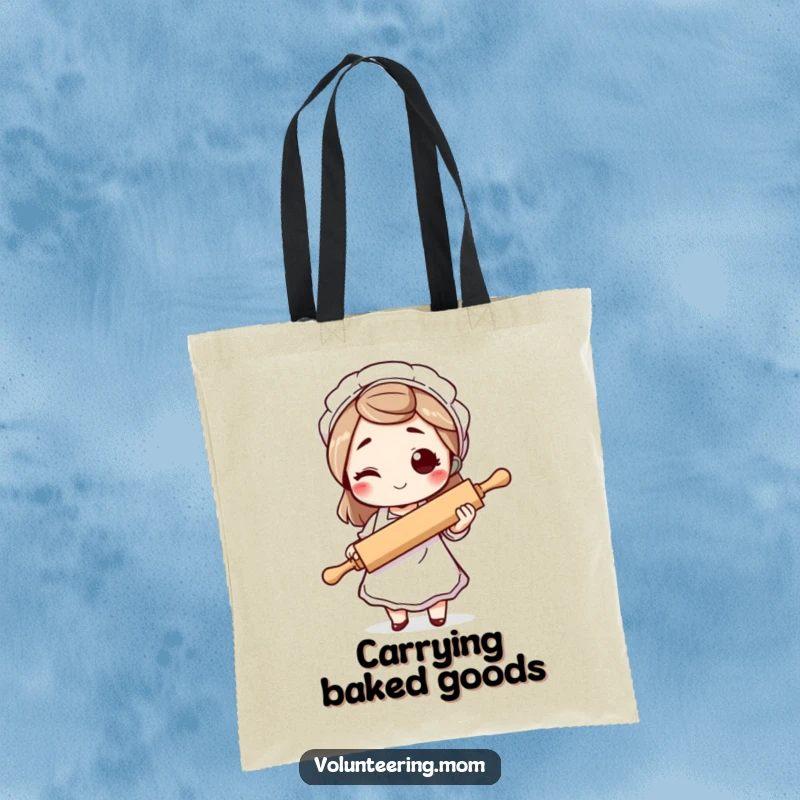 Funny mom tote bag, a winking mom character with an apron and rolling pin, perfect for carrying baking supplies with style.