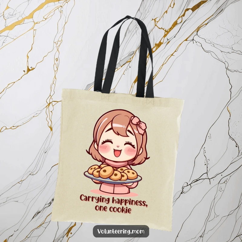 Funny mom tote bag depicting a happy mom character generously offering a plate full of tempting cookies.