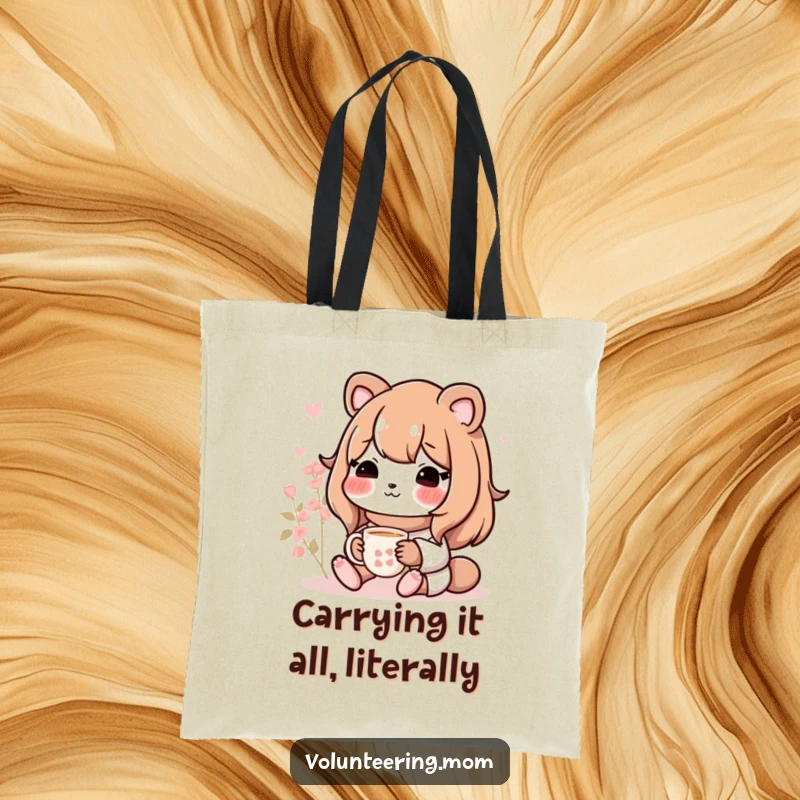 Funny Mom animal character with a tote bag overflowing with tea supplies, smiling contentedly, perfect for daily errands.