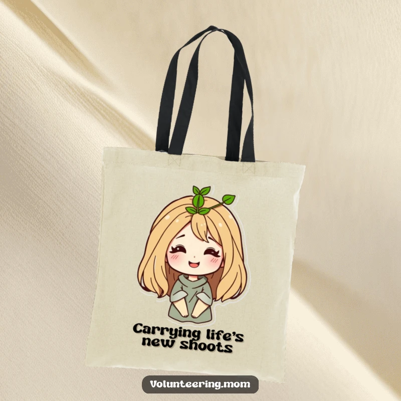 Funny Mom Tote Bag with a smiling woman and a sprout growing from her hair, ideal for carrying daily essentials.