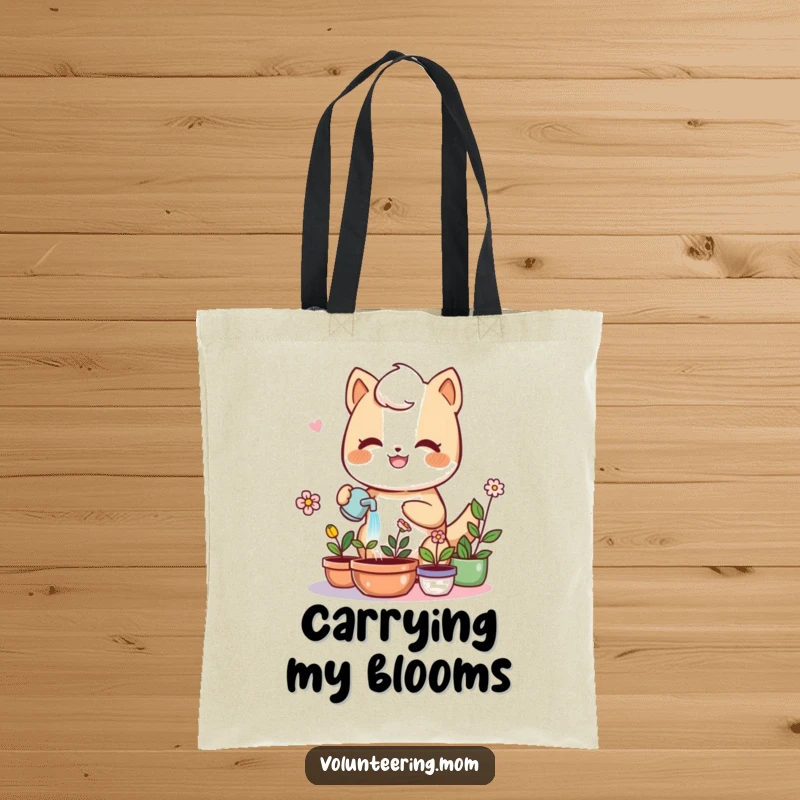 Kawaii mom anthropomorphic animal watering plants, cute tote bag, gardening theme, humorous accessory, gift.