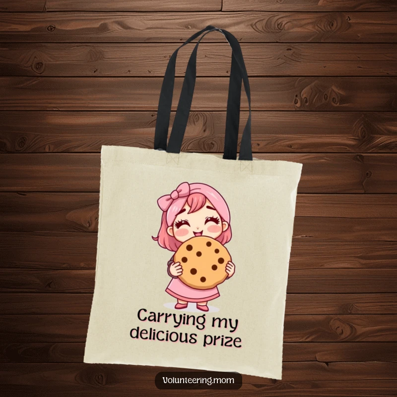 Funny mom tote bag, showing a smiling mom holding a giant cookie, practical and sweet.