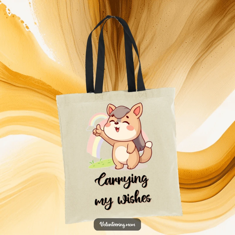 Funny tote bag with an excited Mom animal character pointing at a distant rainbow, symbolizing hope, magic, and future joy.