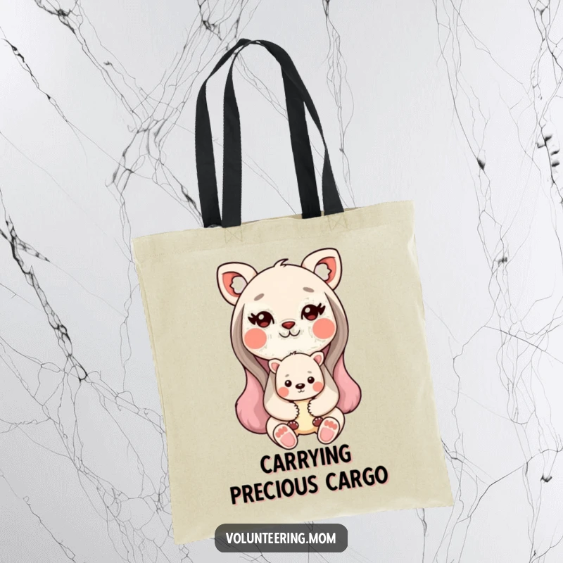 Funny Kawaii animal mom tote bag featuring a sweet mother animal holding her baby, symbolizing love.