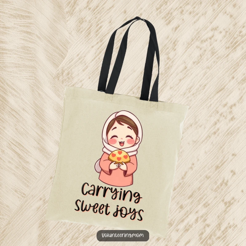 Funny Tote Bag: A sturdy tote bag illustrating a mom character in a warm hug, offering a delicious pastry.