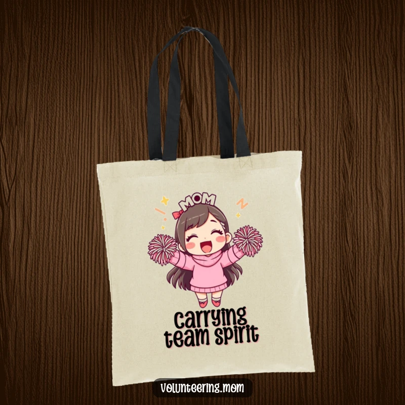 Funny mom tote bag, adorned with a smiling mom and pom-poms, perfect for carrying essentials with flair.