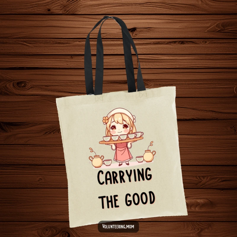 Funny tote bag featuring a mom character balancing a tray of steaming cups, perfect for carrying groceries or daily necessities.