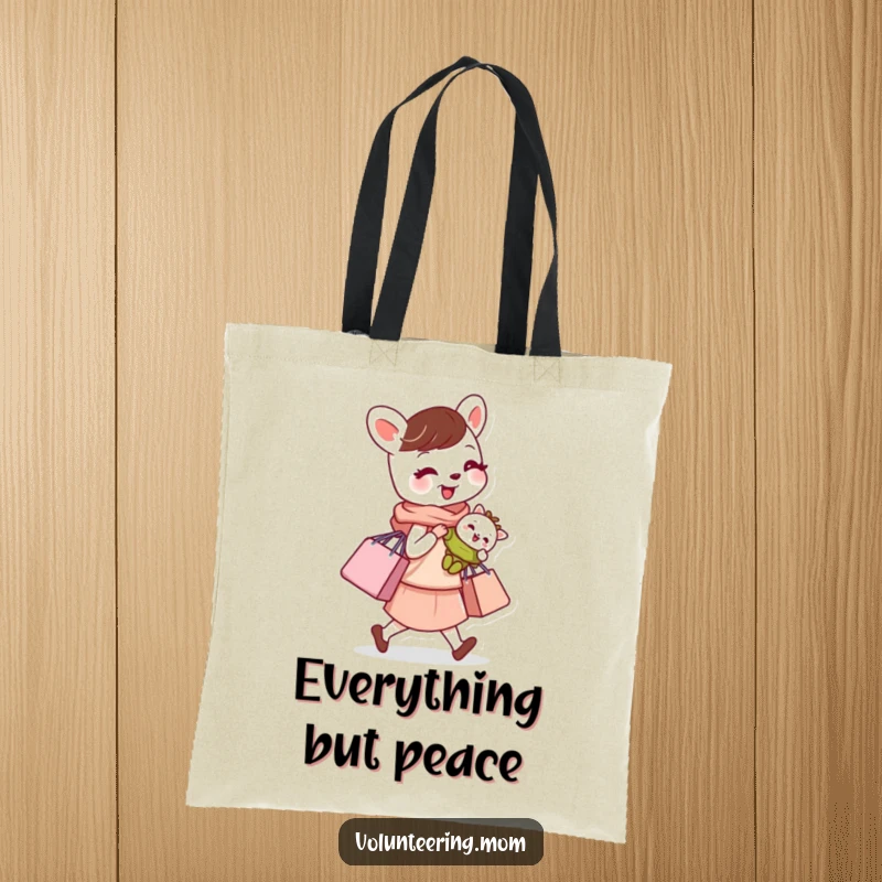 Funny tote bag with a busy mom animal character balancing a baby and shopping bag, a stylish and humorous accessory.