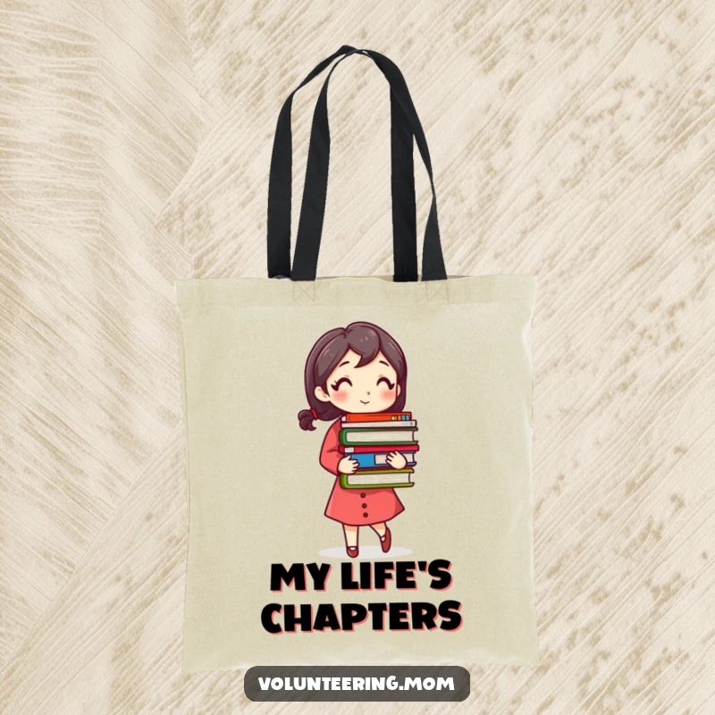 Funny Busy Mom Tote Bag with a woman carrying a stack of colorful books, ideal for library trips or daily errands.