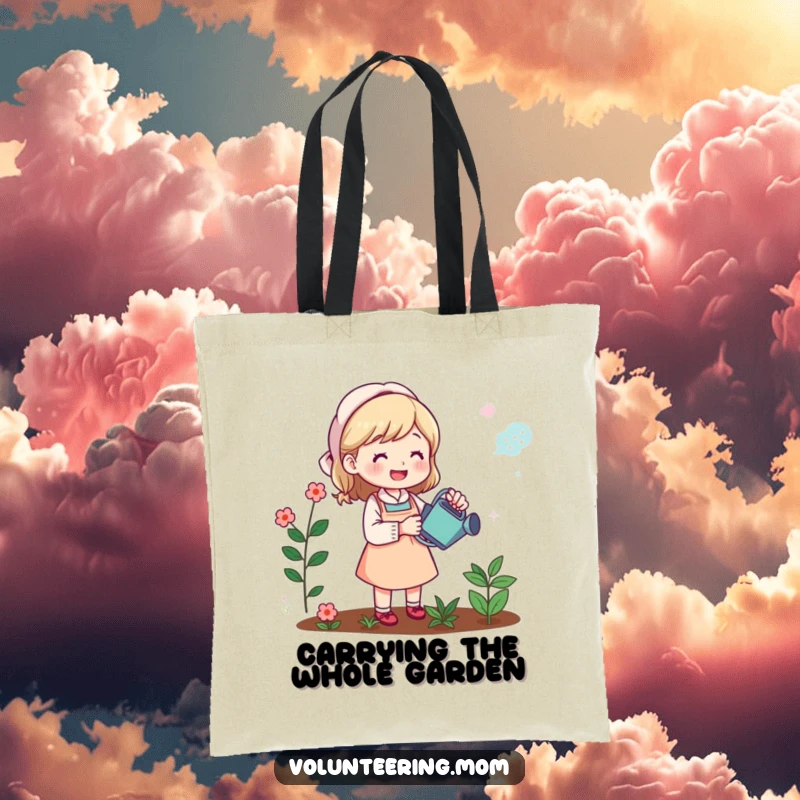 Funny tote bag: Mom cheerfully watering her garden, a humorous and practical accessory for carrying goodies, ideal gift.