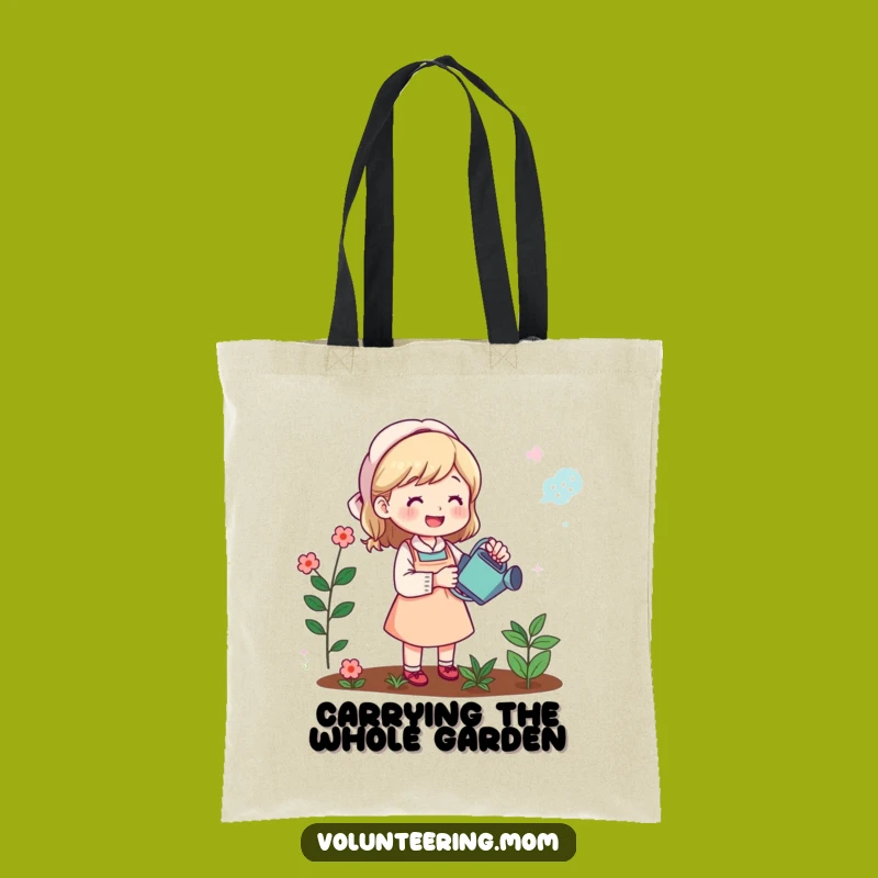 Funny Garden Mom Tote Bag: Cheerful mom watering plants, a practical and humorous gift for everyday use.