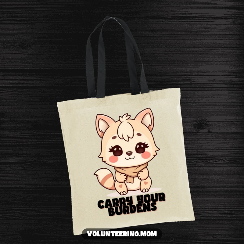 Funny Kawaii Mom Helping Animal Tote Bag, a determined mom character with a happy expression, ready to assist.