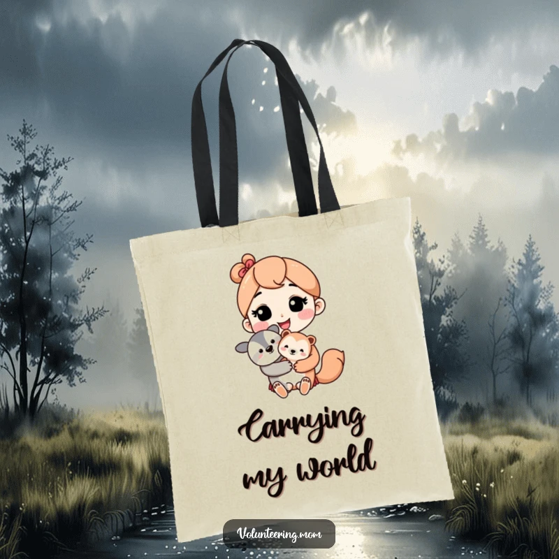 Kawaii mom character with a loving smile holding a cute baby animal, on a reusable canvas tote bag.