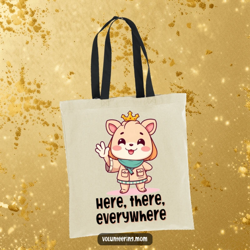 Funny Mom animal character with a large tote bag, cheerfully directing traffic with a friendly wave, ready for any task.