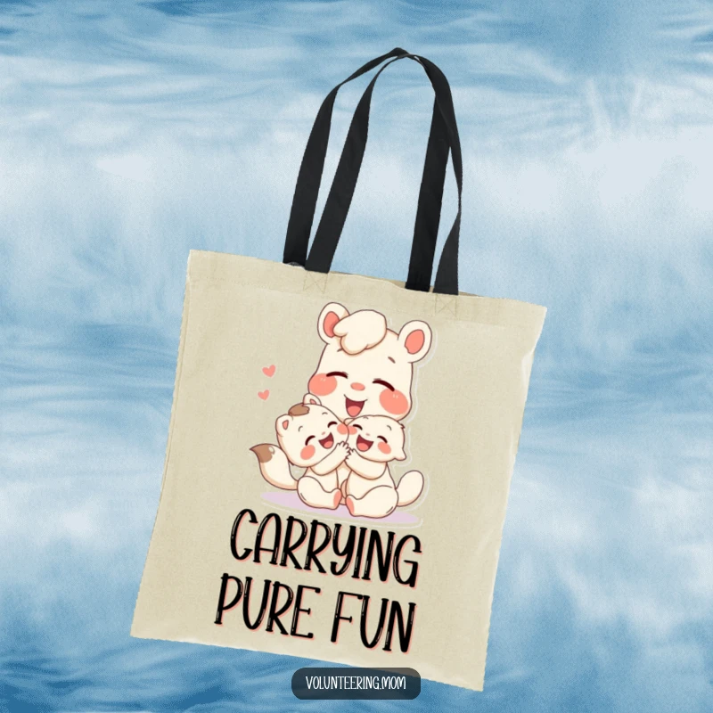 Funny tote bag with a loving Mom animal character sharing a hearty laugh during playtime with a child, celebrating family bonds.