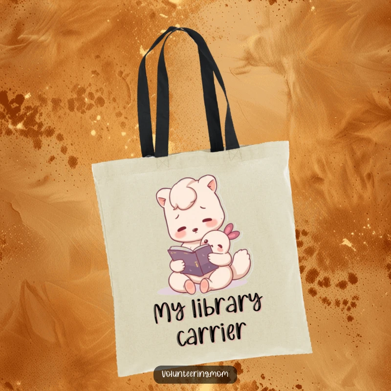 Funny tote bag with a loving Mom animal character reading aloud from a book to an endearing small creature, celebrating literacy.