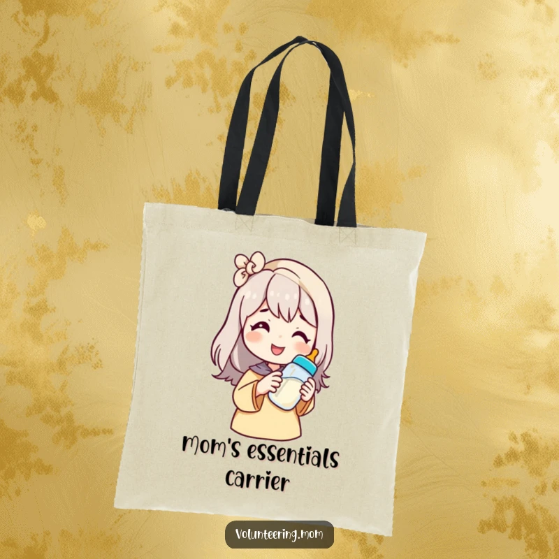 Funny mom tote bag with a smiling character offering a baby bottle, ideal for carrying baby gear with humor.