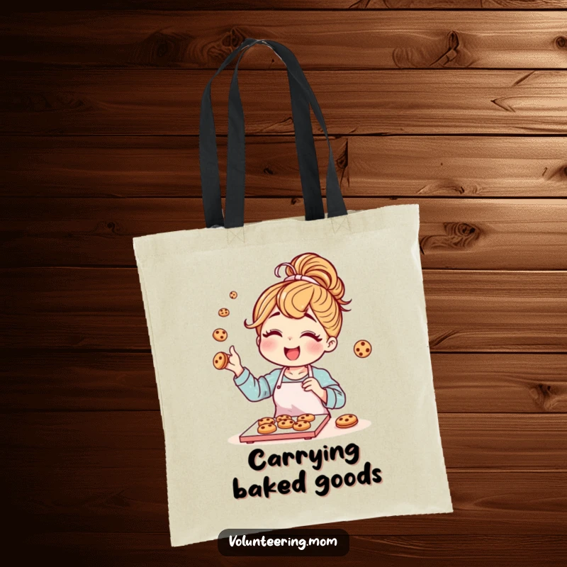 Funny mom character with a messy bun joyfully baking cookies, on a reusable canvas tote bag.