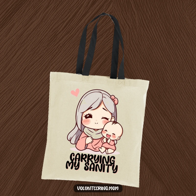 Funny tote bag showing a mom character making a funny face at a child, perfect for carrying daily items.