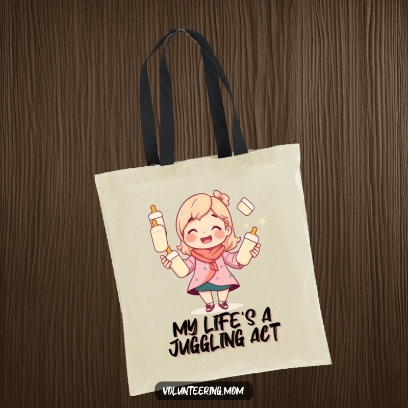 Funny mom tote bag, depicting a smiling woman juggling multiple baby bottles, a humorous and functional accessory.
