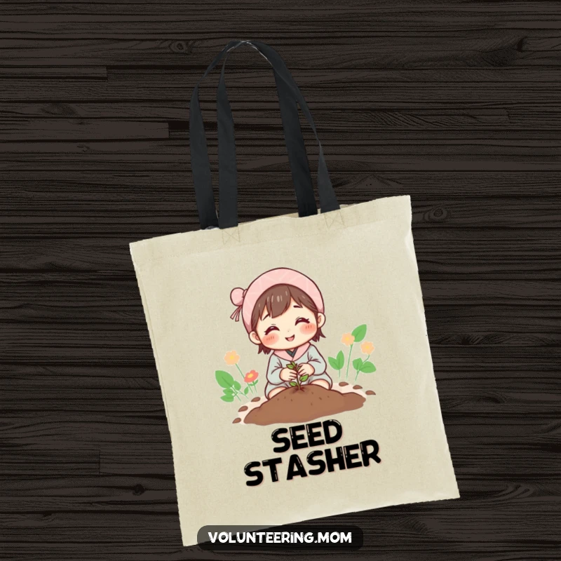 Funny Mom Tote Bag: Hopeful mom planting a tiny seed, perfect for carrying dreams and essentials.