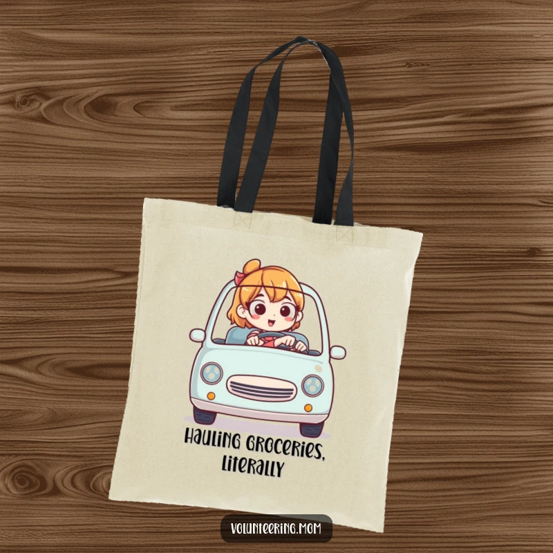Funny tote bag showcasing a determined mom expertly operating a miniature car, perfect for everyday use.
