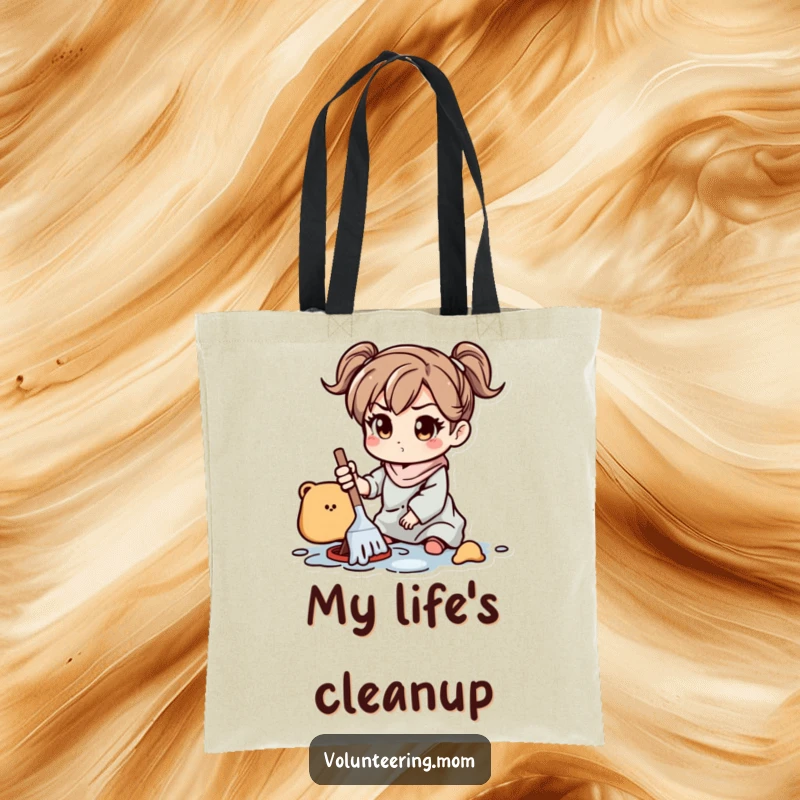Funny Tote Bag: A sturdy tote bag illustrating a mom character with a determined expression, cleaning up a child's playful mess.