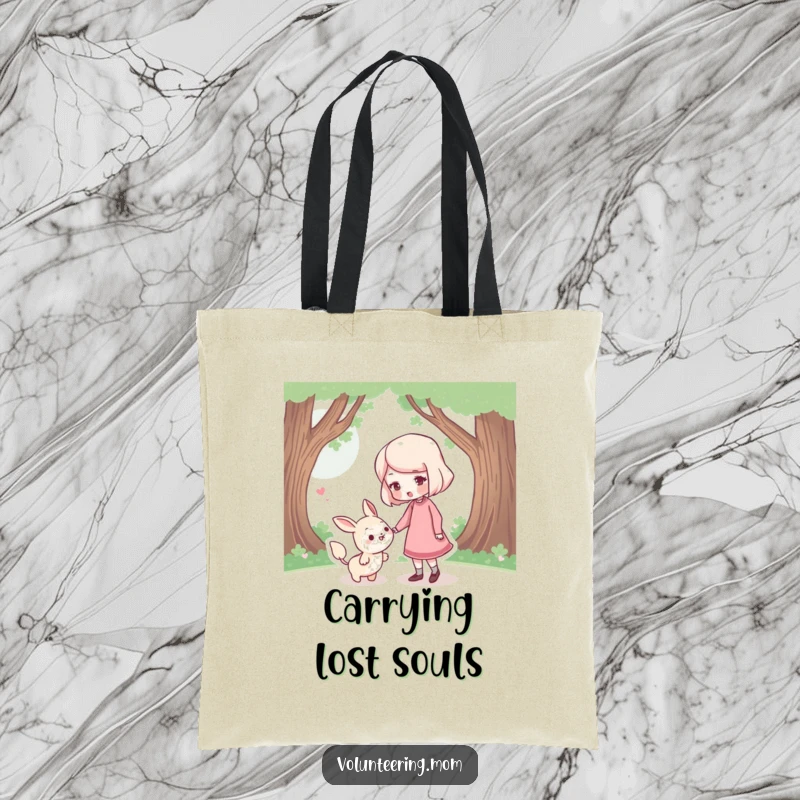 Funny Tote Bag: A sturdy tote bag illustrating a mom character gently guiding a small, lost creature with a tender nudge.