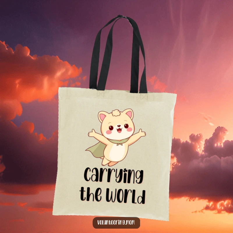 Funny tote bag with a mom animal character in a cape, flying with arms outstretched, a stylish accessory for moms.