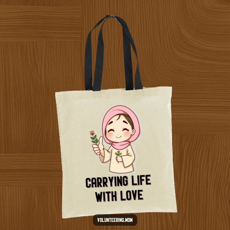 Funny tote bag with a cheerful mom giving a thumbs up, holding a potted plant, great for errands.
