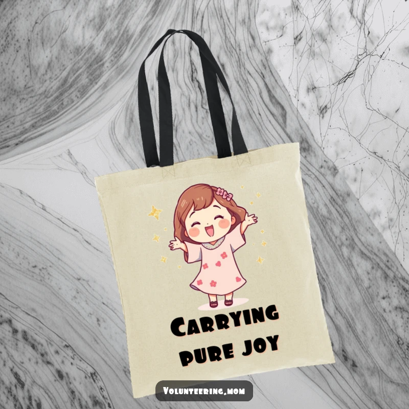 Funny tote bag depicting a happy mom character dancing with effervescent glittery stars, a symbol of joy.