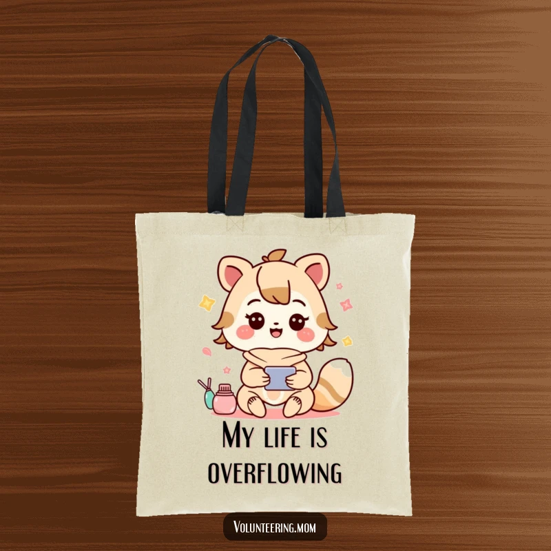 Funny tote bag depicting a cheerful Kawaii mom animal character managing numerous tasks with enthusiasm and a joyful expression.