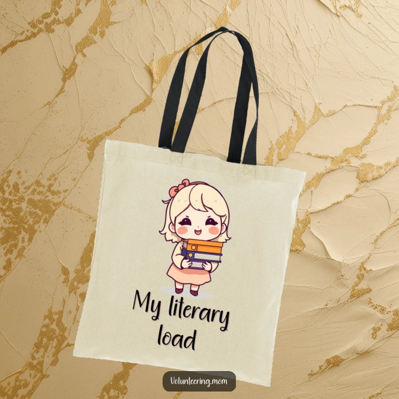 Funny tote bag featuring a mom character with a knowing smile, carrying an impressive stack of books.