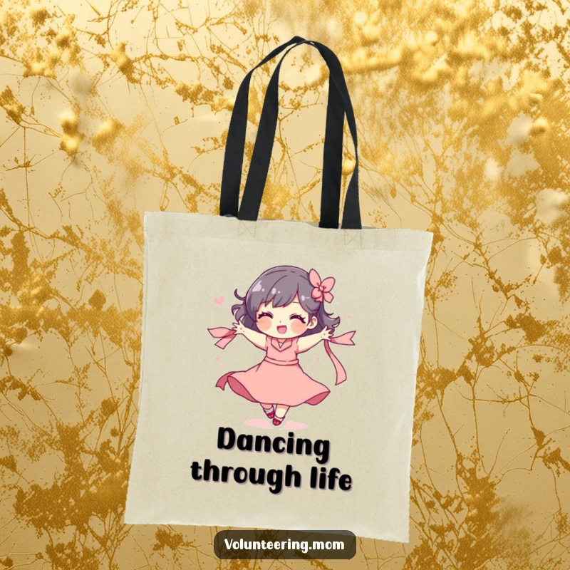 Funny tote bag featuring a mom character in a playful spin with a ribbon, symbolizing joy and movement.