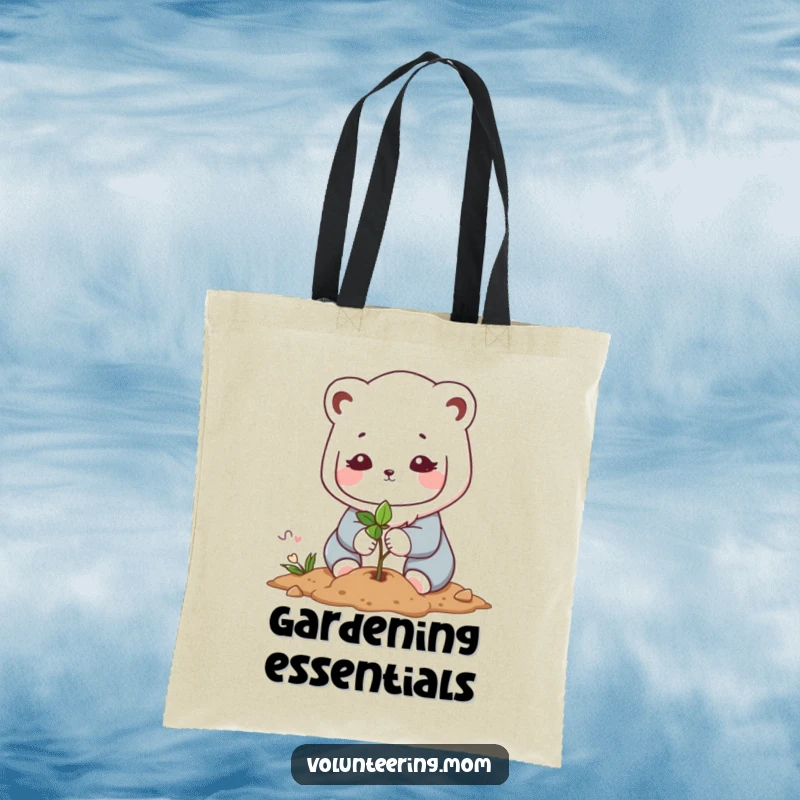 Funny Kawaii mom animal character tote bag, illustrating the gentle planting of a sapling, symbolizing care for the environment.