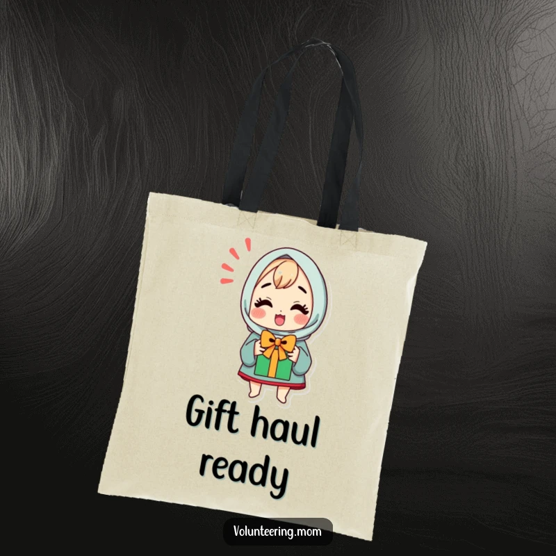 Funny tote bag with a kawaii mom character beaming with excitement, holding a gift box.