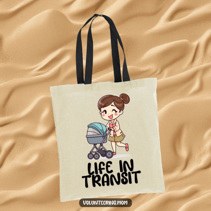 Funny tote bag featuring a mom character energetically pushing a baby stroller with a smile, perfect for carrying baby essentials or daily necessities.