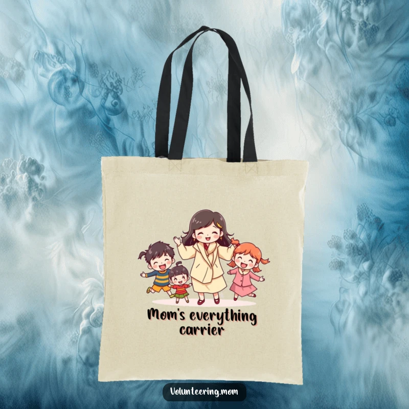 Funny mom tote bag with a cheerful character juggling kids, perfect for carrying essentials and celebrating her multitasking abilities, a great funny gift.