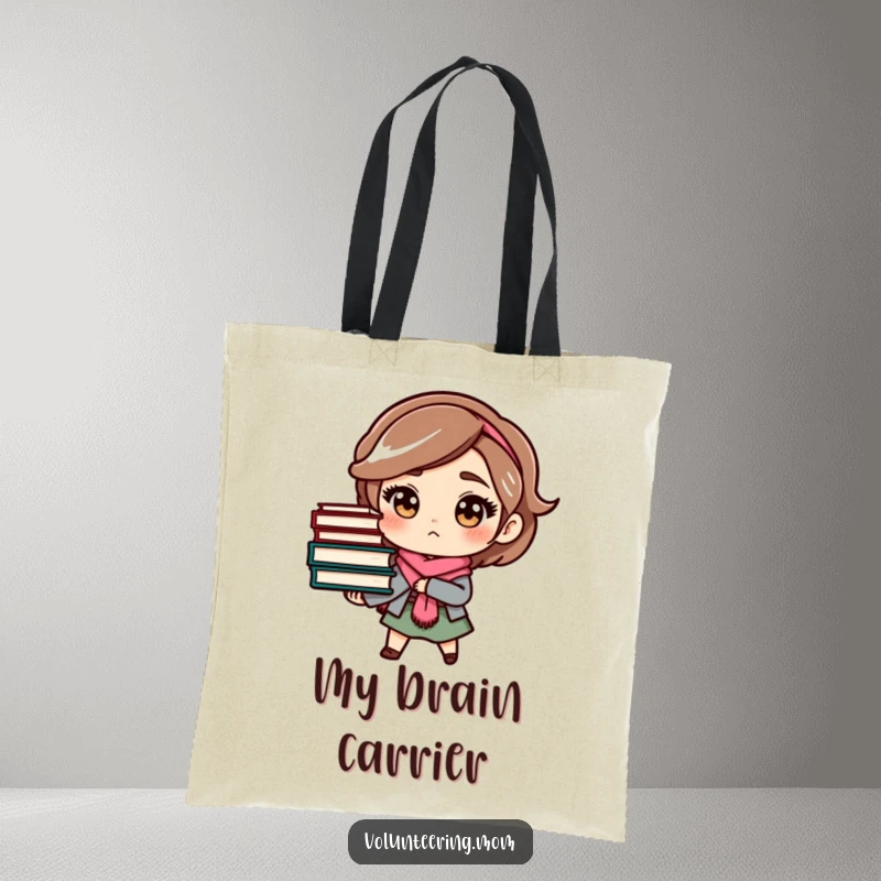 Funny mom tote bag with a determined character holding a stack of books, ideal for carrying books with style.