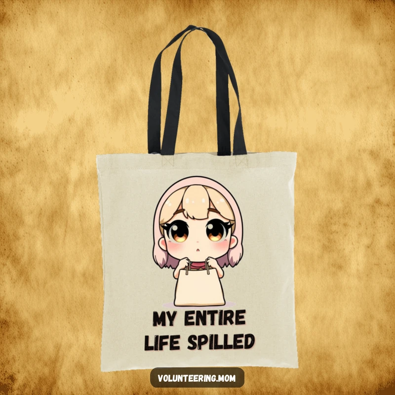 Funny tote bag: Mom surprised by dropped groceries, a humorous and practical accessory, ideal gift.