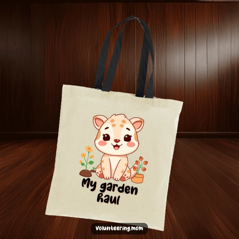 Funny tote bag with a mom animal character gardening with a satisfied smile, a stylish accessory for plant lovers.