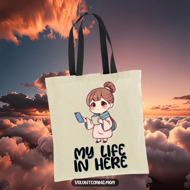 Funny tote bag depicting a mom character balancing a phone and a mug, ready for any multitasking challenge.