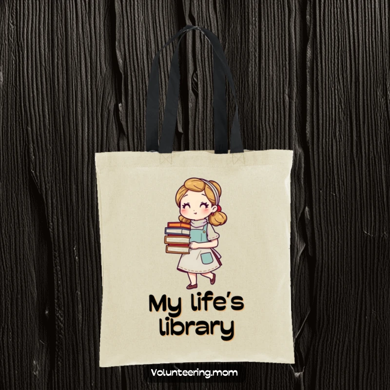 Funny mom tote bag with an apron and books, perfect for carrying essentials and showcasing a love for reading and motherhood, a great funny gift.