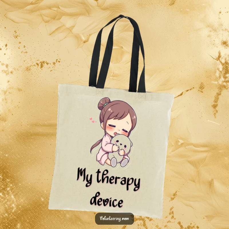 Funny Tote Bag: A stylish tote bag illustrating a mom character embracing a soft cuddly toy with a look of sweet relief.